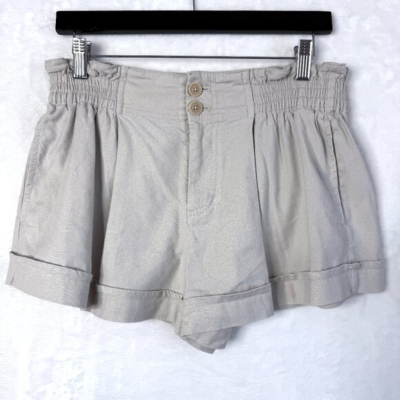 By Anthropologie Linen Blend High Rise Cuffed Smocked Shorts Womens 4 Beige - Picture 1 of 8